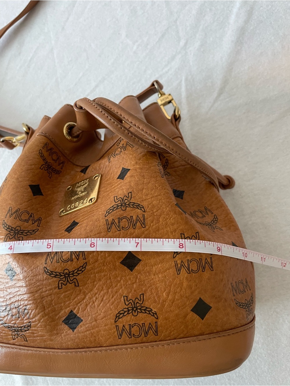 MCM Brown Logo Print Drawstring Bucket Bag w/ Detachable Strap Gold Hardware - Picture 15 of 15